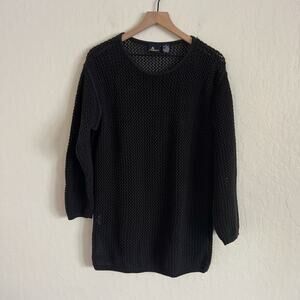 Vintage Liz Sport 100% Cotton Open Knit Long Sleeve Crewneck Tunic Sweater Black